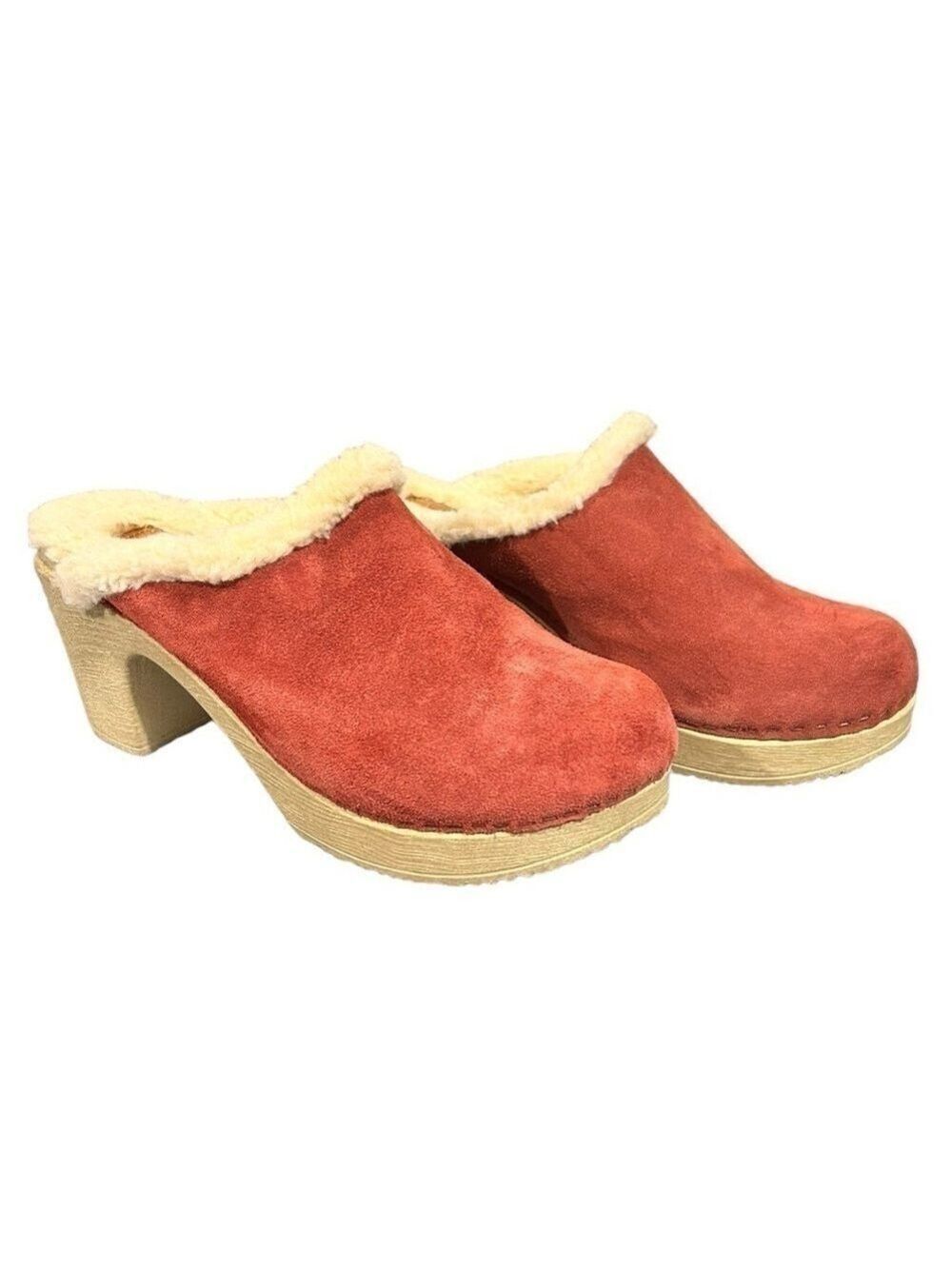 Bos & Co Noch Clog with Cream Wool Lining Rust Suede Leather Uppers Italy Size 7